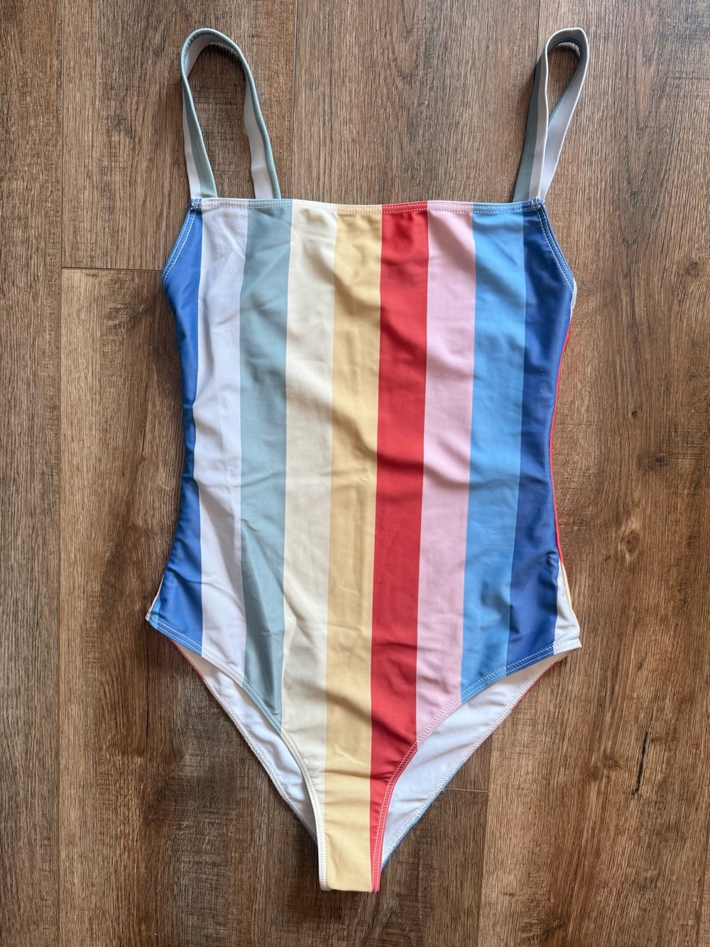 Reformation XS Rainbow Stripe One Piece Swimsuit Pastel Square Neck